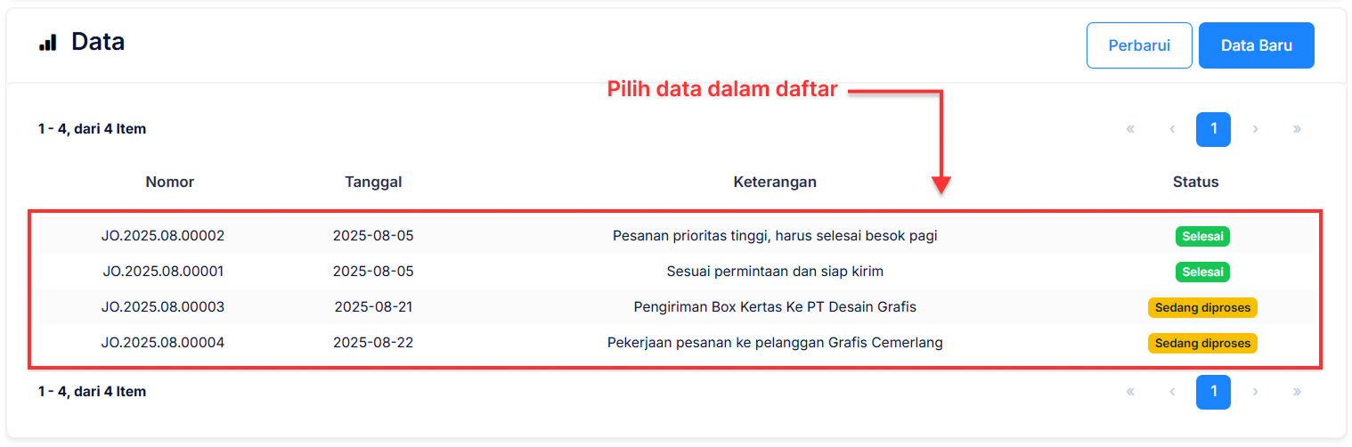 Halaman Pekerjaan Pesanan