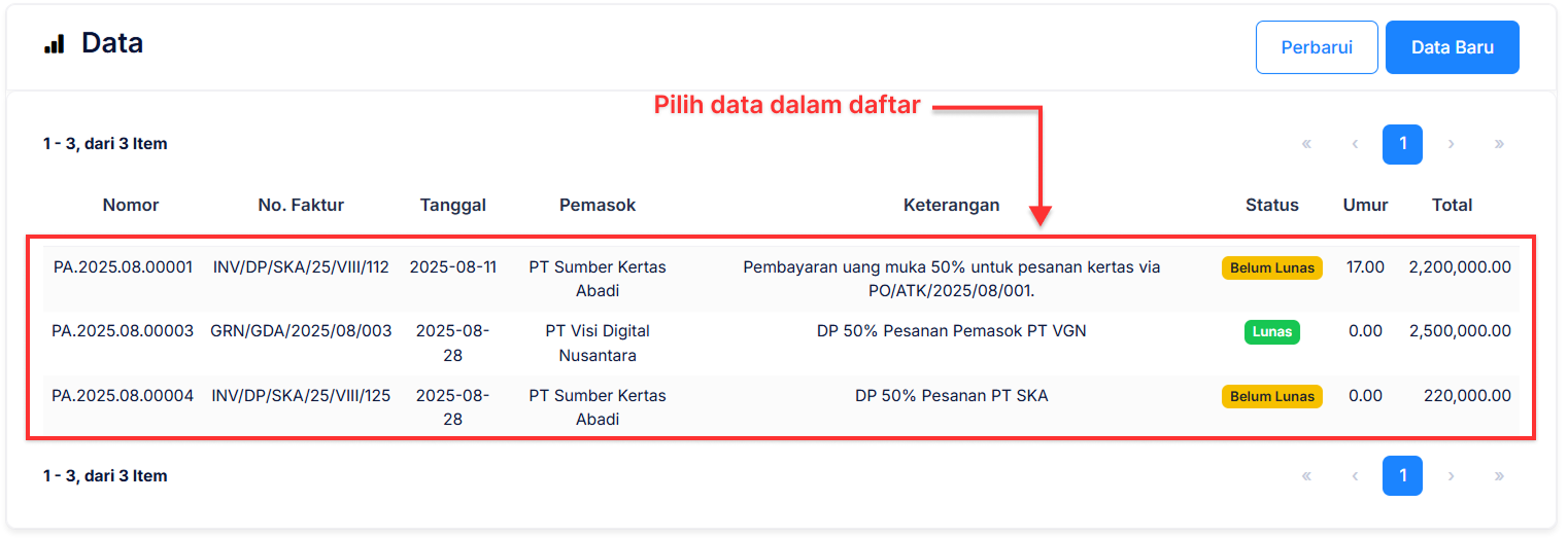 Halaman Uang Muka Pembelian