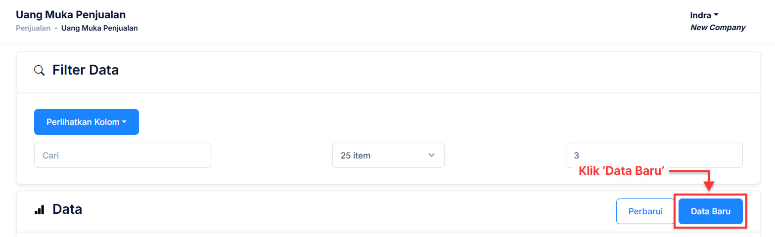 Halaman Uang Muka Penjualan
