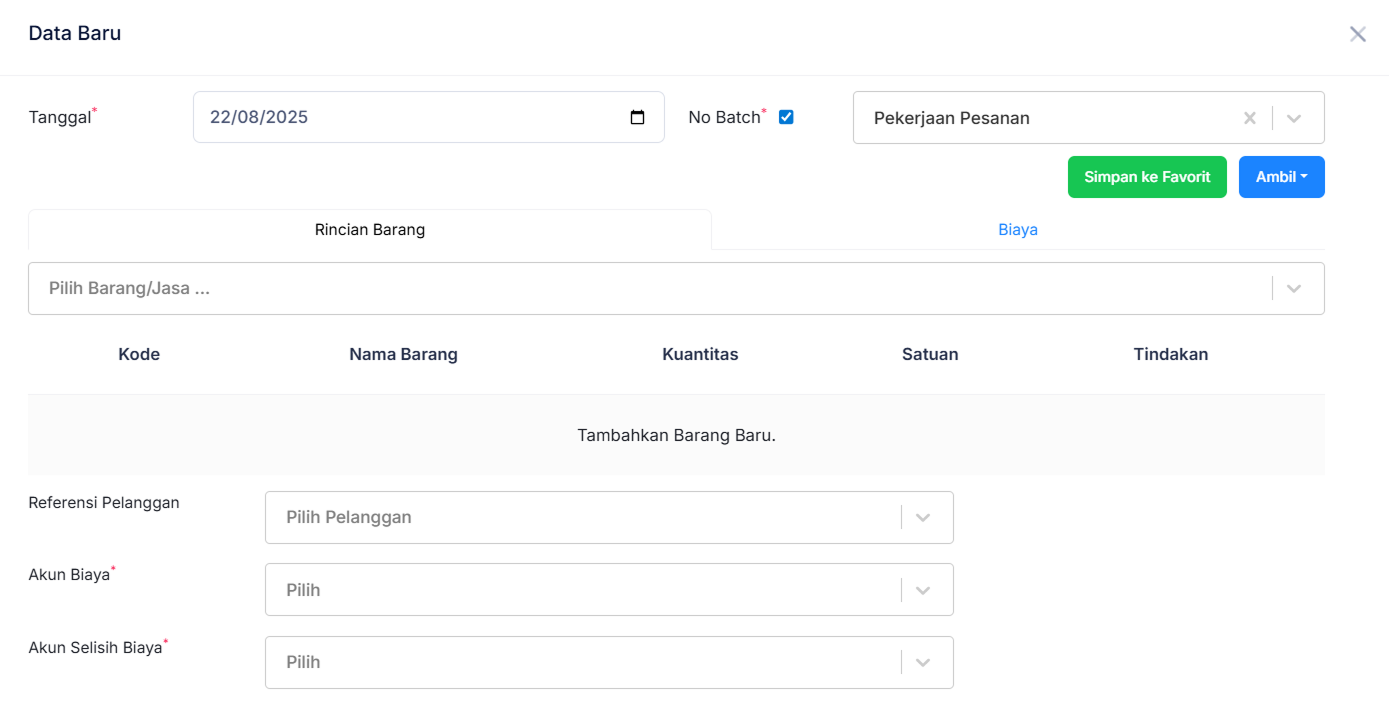 Halaman Pekerjaan Pesanan