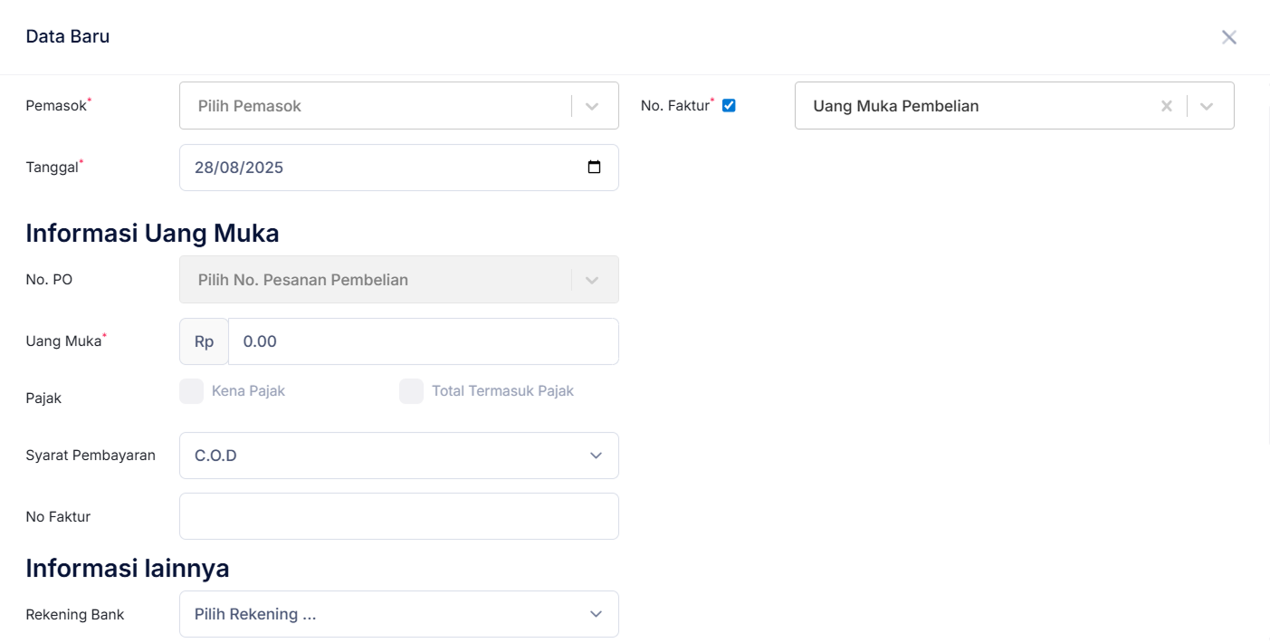 Halaman Uang Muka Pembelian