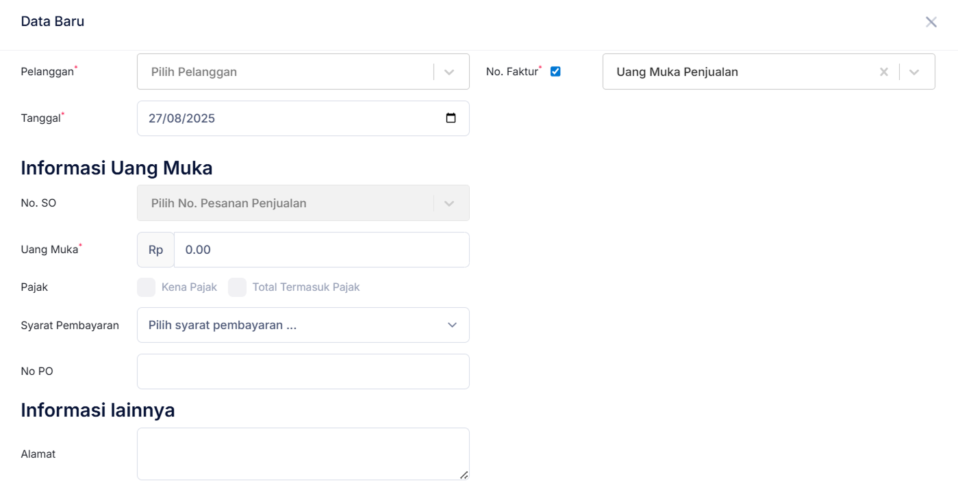 Halaman Uang Muka Penjualan