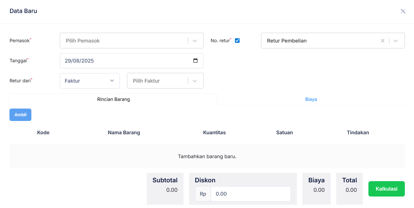 Halaman Retur Pembelian