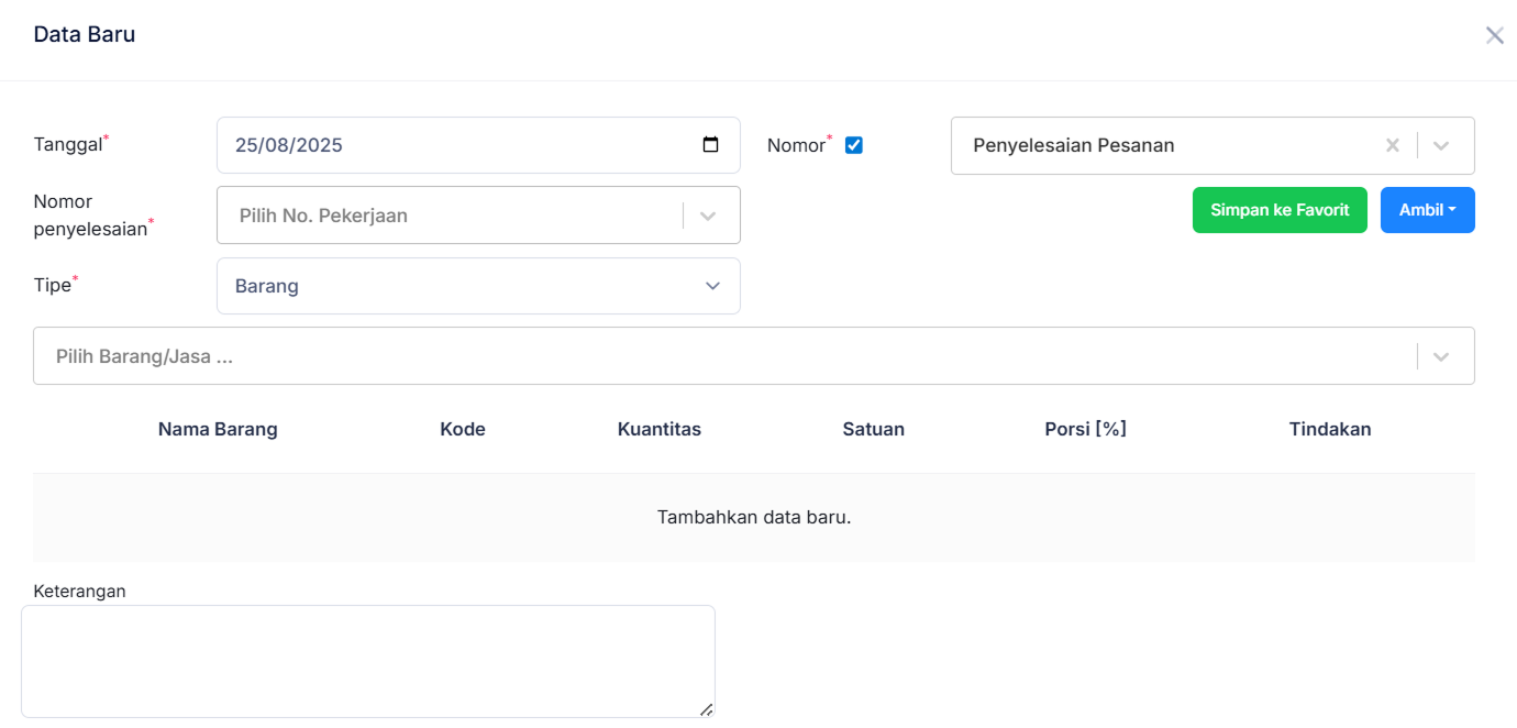 Halaman Penyelesaian Pesanan