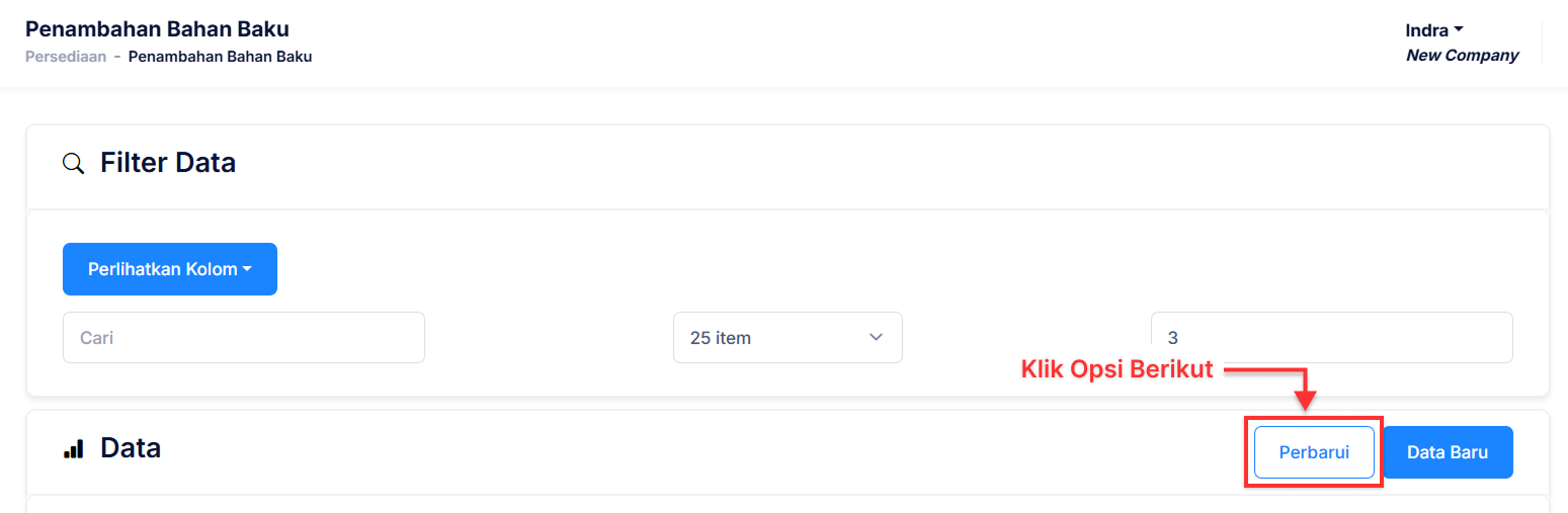 Halaman Penambahan Bahan Baku
