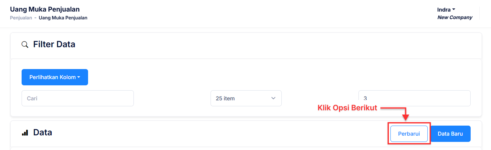 Halaman Uang Muka Penjualan