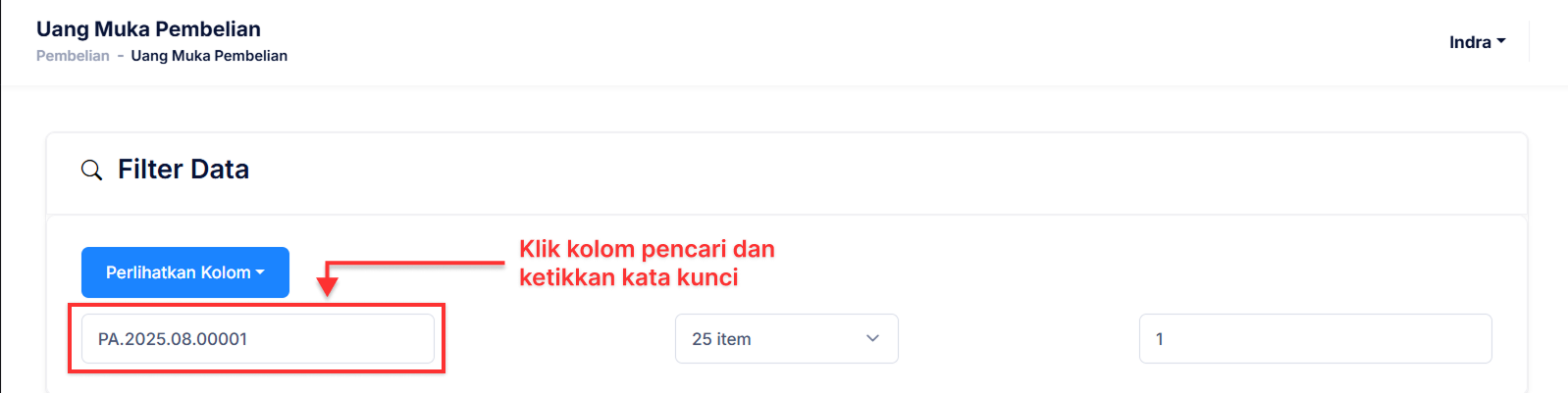 Halaman Uang Muka Pembelian