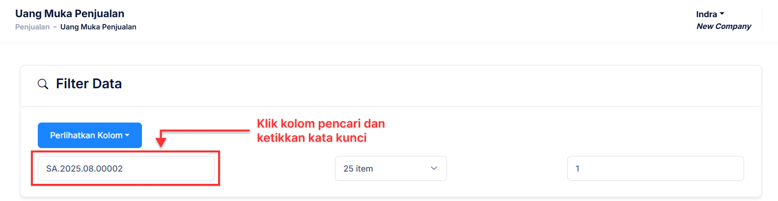 Halaman Uang Muka Penjualan