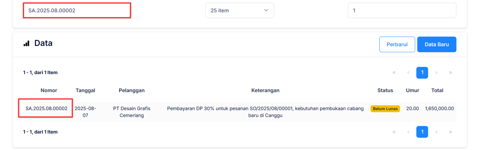 Halaman Uang Muka Penjualan