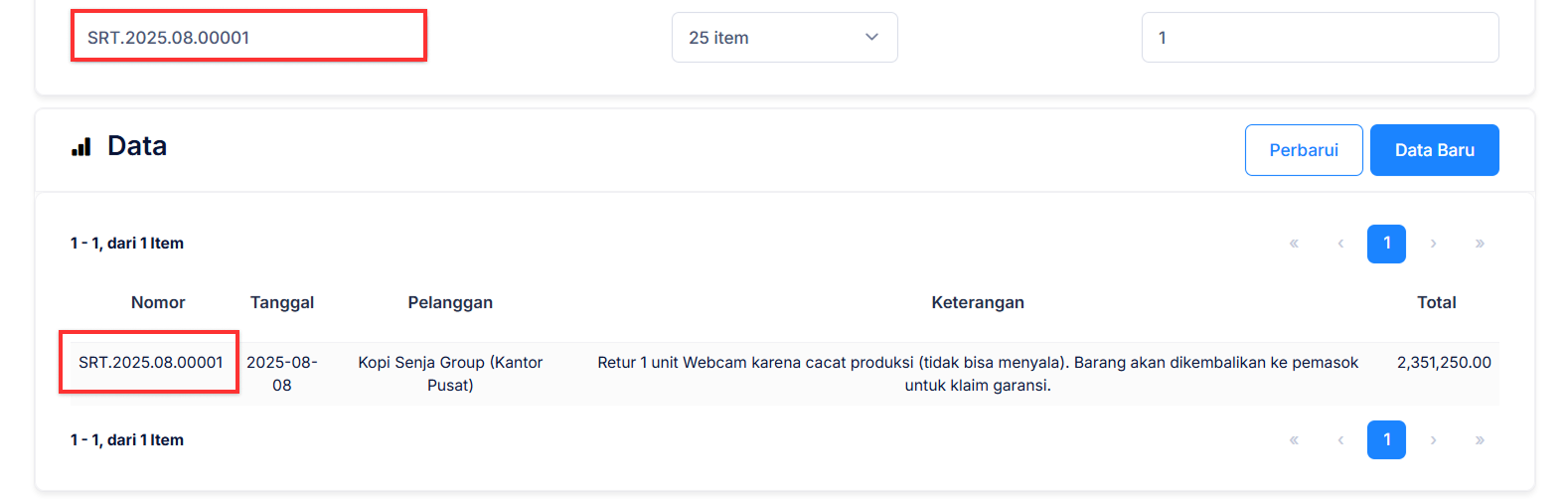 Halaman Retur Penjualan