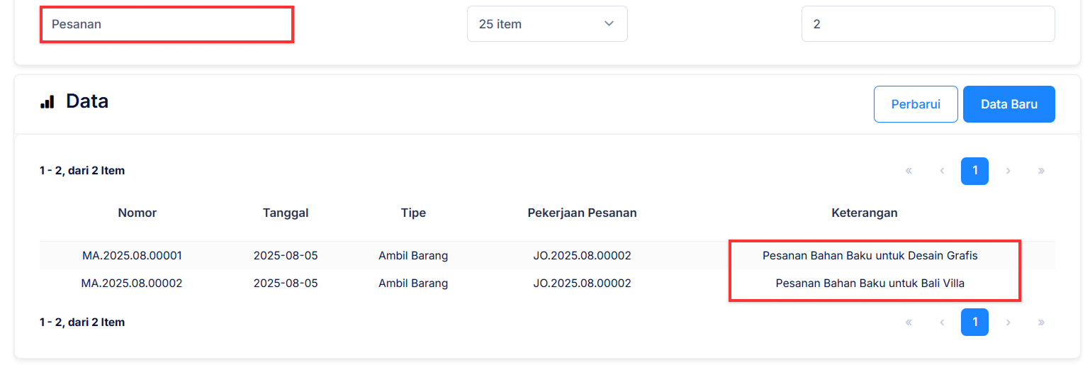 Halaman Penambahan Bahan Baku