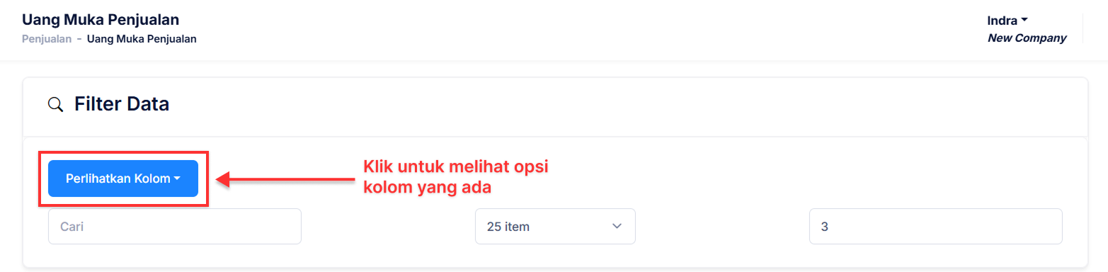 Halaman Uang Muka Penjualan