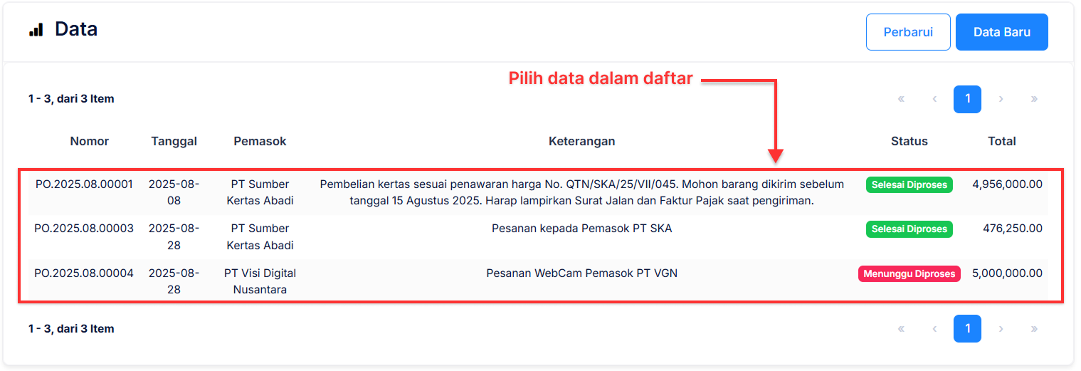 Halaman Pesanan Pembelian