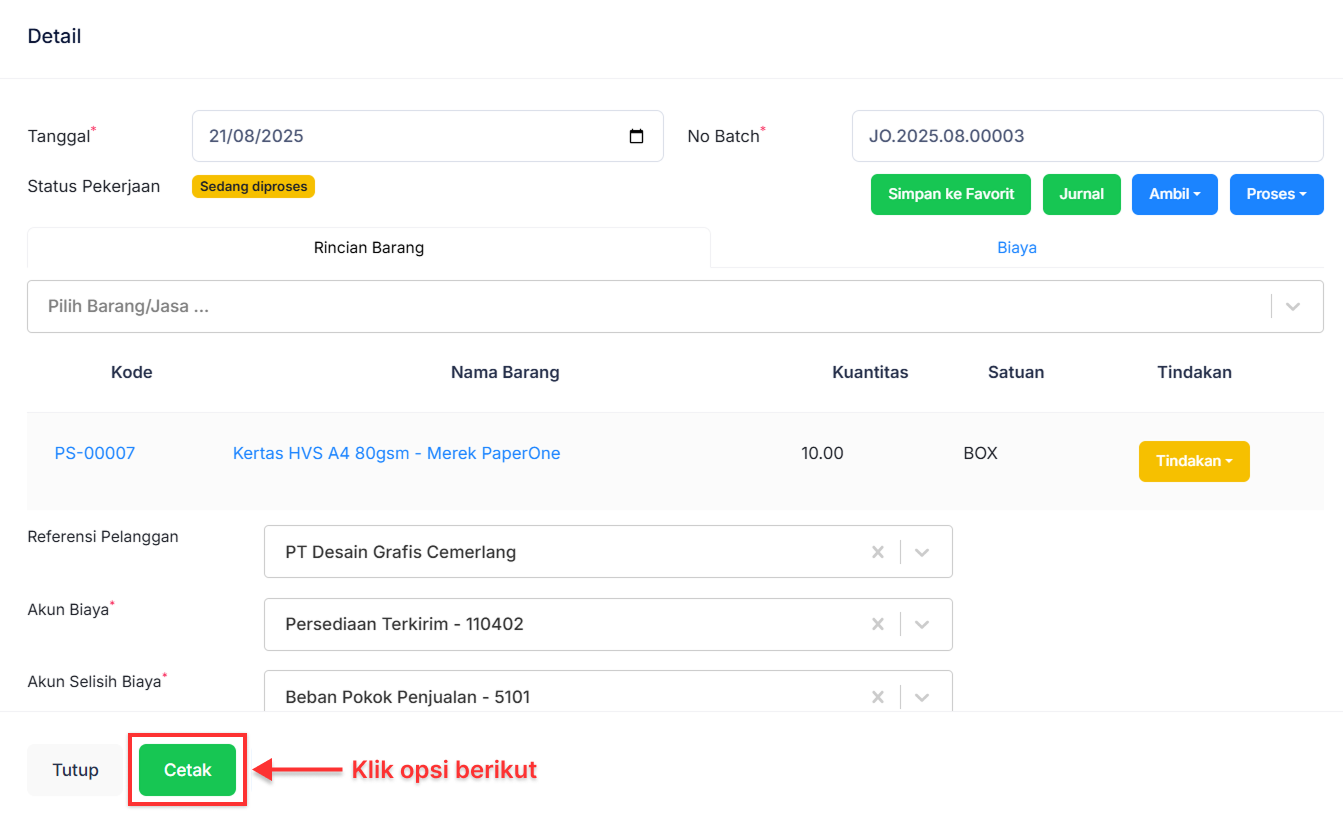 Halaman Pekerjaan Pesanan