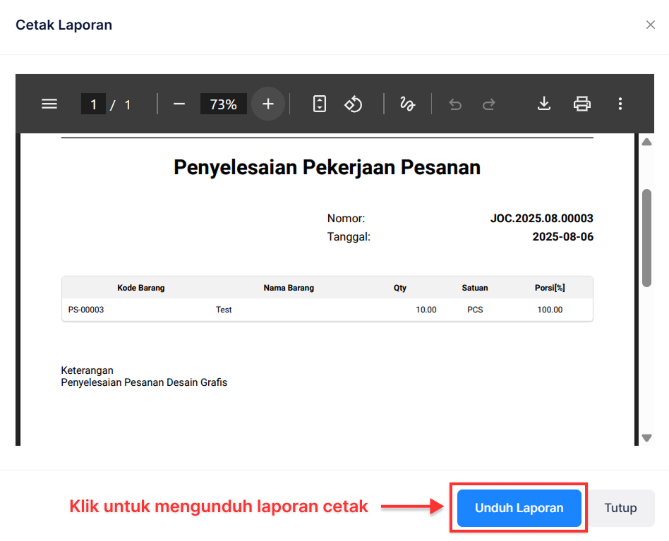 Halaman Pekerjaan Pesanan
