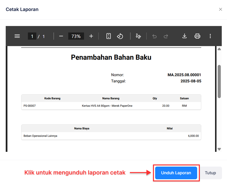 Halaman Penambahan Bahan Baku