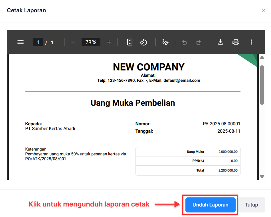 Halaman Uang Muka Pembelian