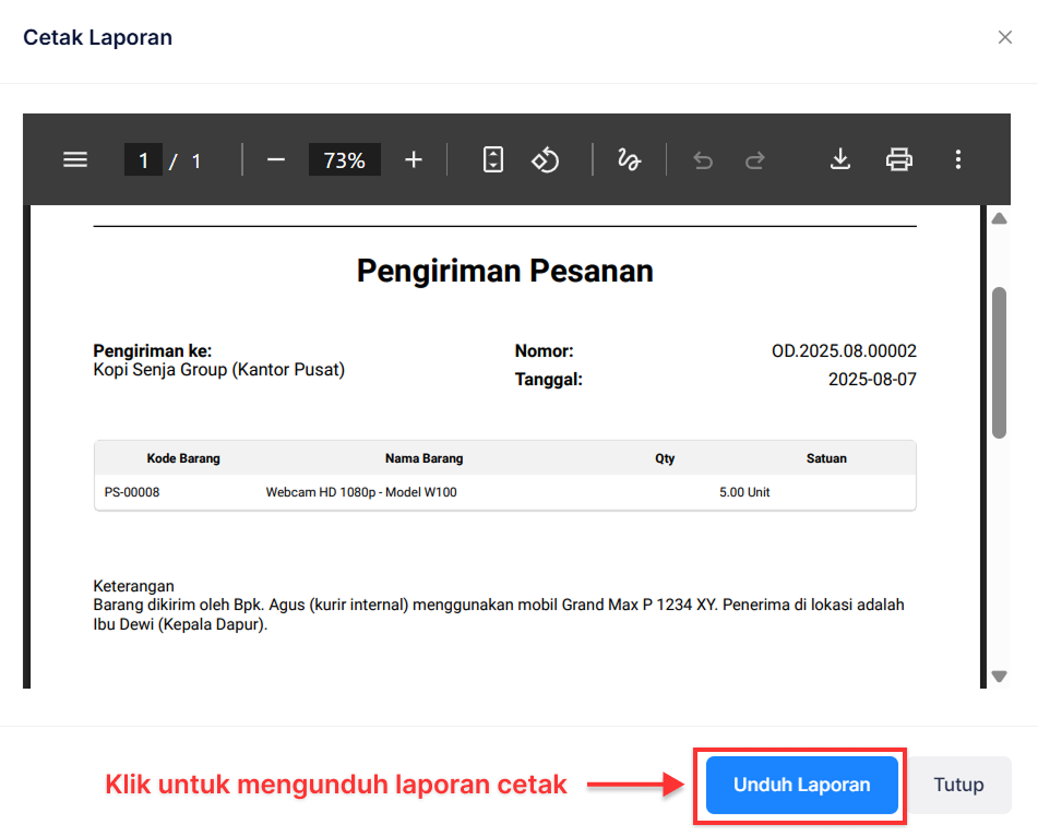 Halaman Pengiriman Pesanan