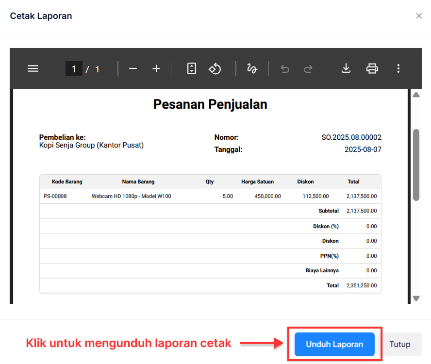 Halaman Pesanan Penjualan