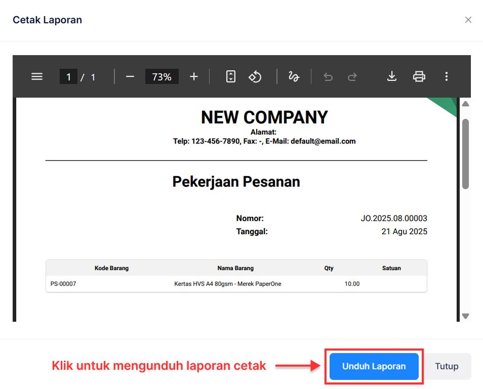 Halaman Pekerjaan Pesanan