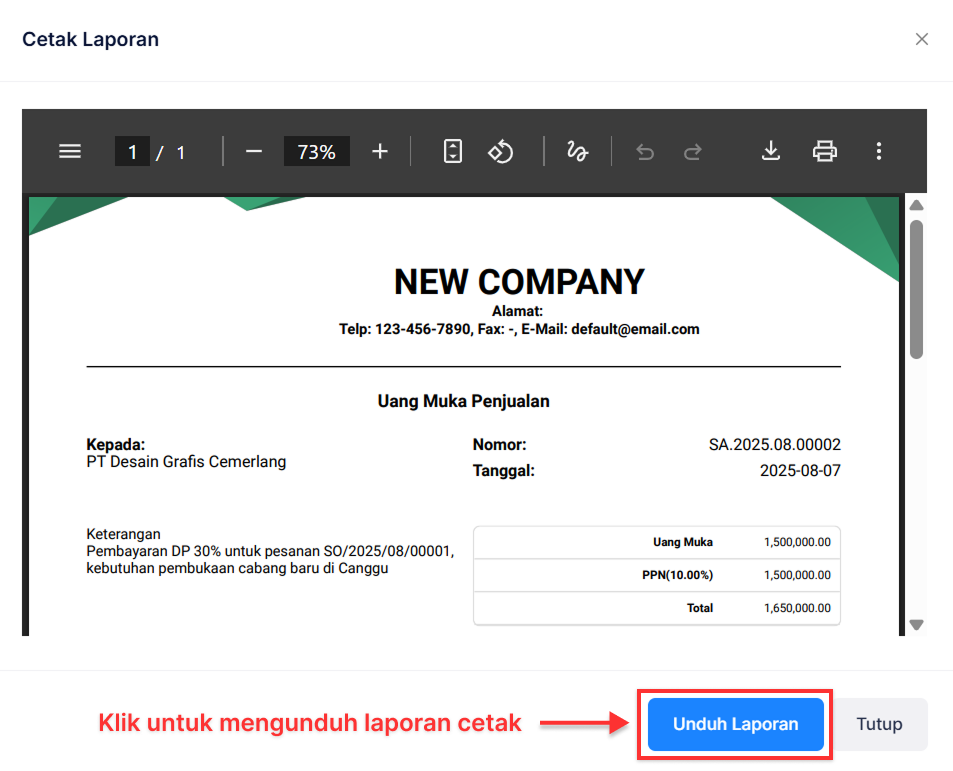 Halaman Uang Muka Penjualan