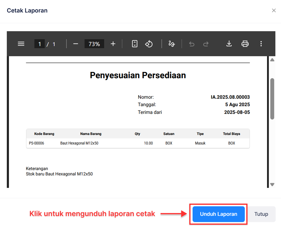 Halaman Penyesuaian Persediaan