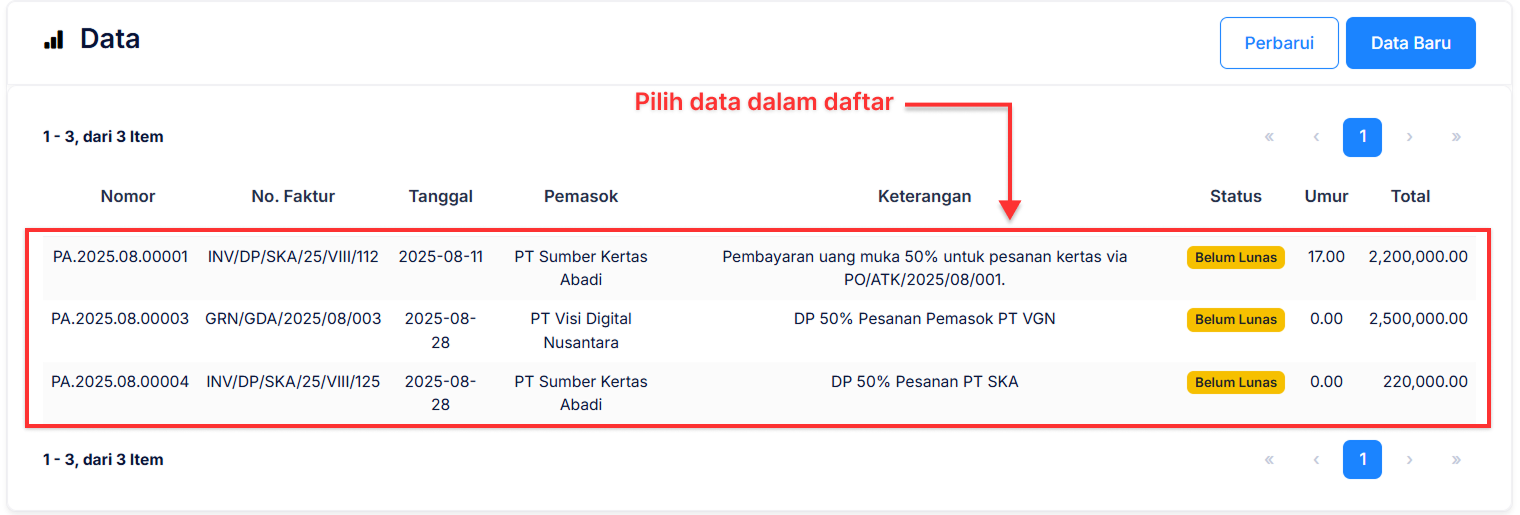 Halaman Uang Muka Pembelian