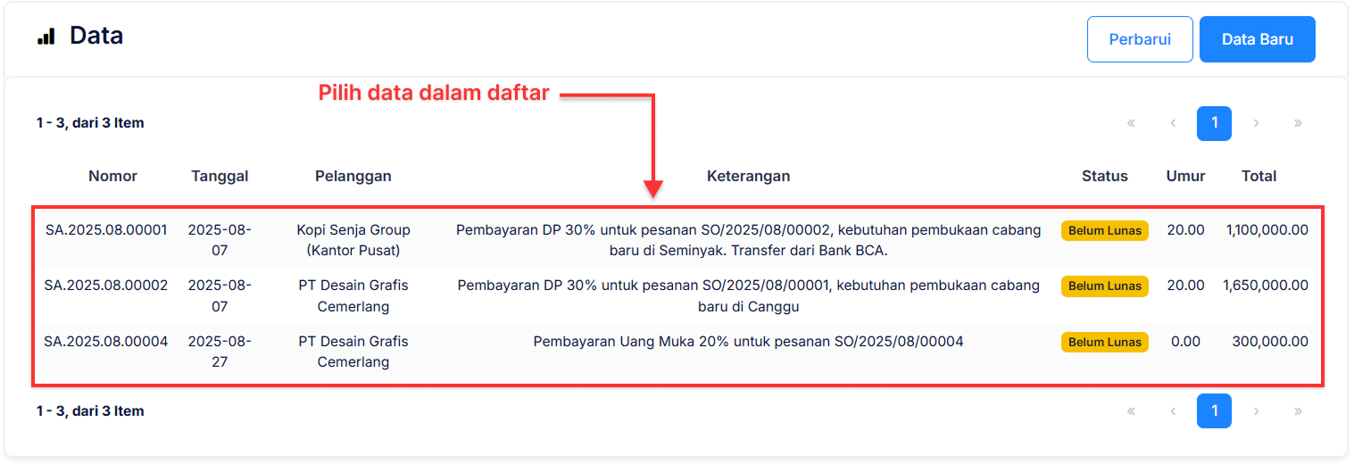 Halaman Uang Muka Penjualan