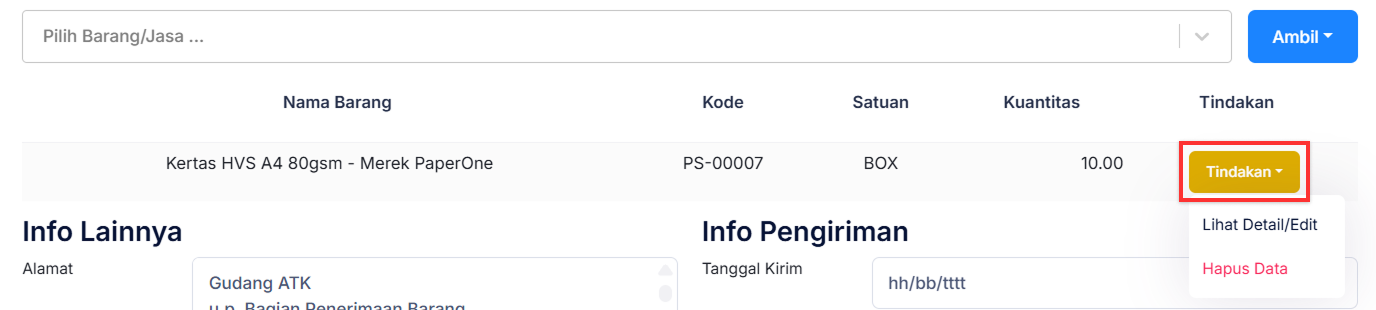 Halaman Pesanan Pembelian