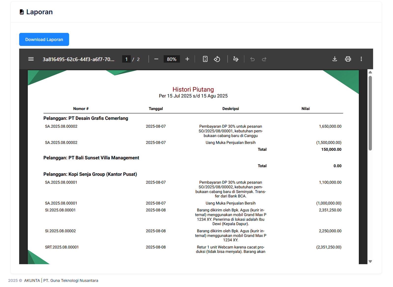 Halaman Histori Piutang