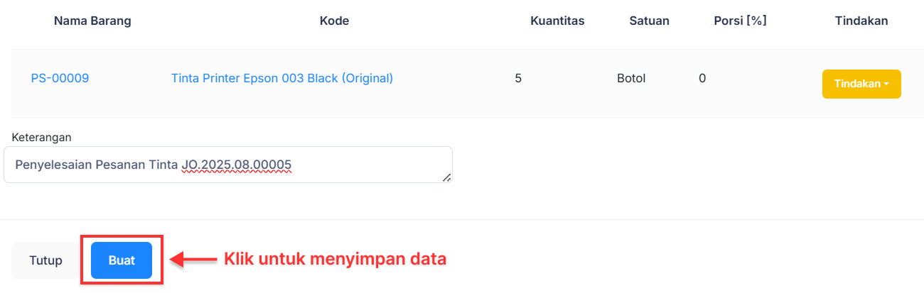 Halaman Pekerjaan Pesanan