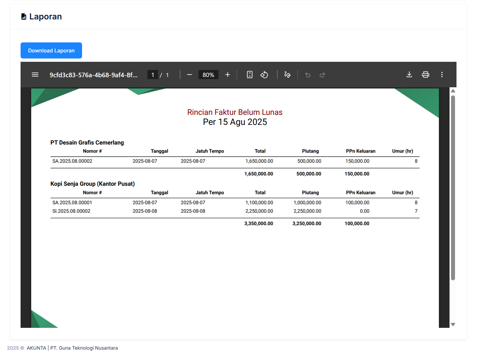 Halaman Faktur Belum Lunas (Piutang)